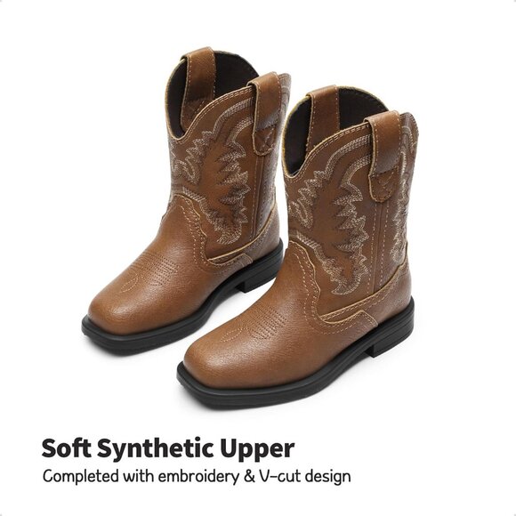 Kids Brown Toddler Little Cowboy Western Square Toe Riding Mid Calf Boots - Picture 2 of 7